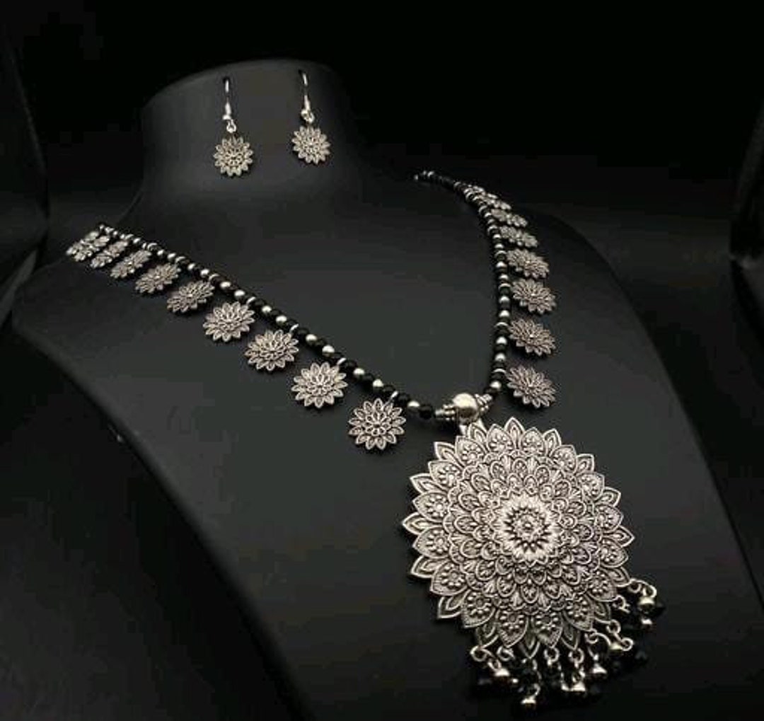 Oxidized Silver Plated Choker Necklace With Earrings