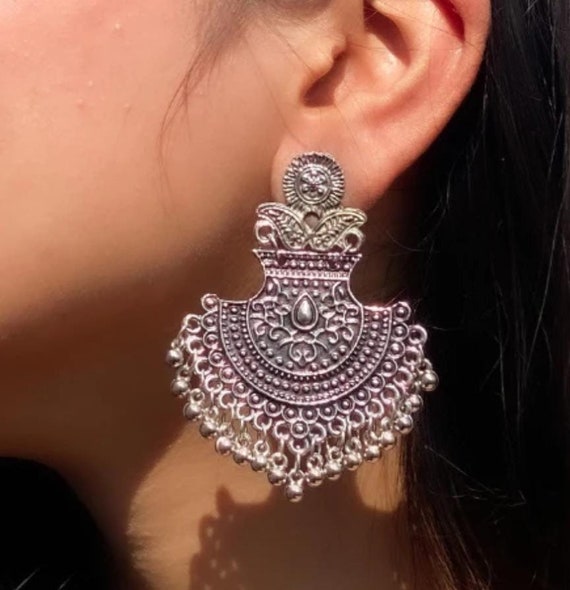 Silver Jhumkas Earrings Oxidised Indian Jewelry Afghani Jewelry