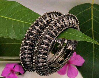 Silver Tone Bangle Set: Indian Ethnic Cuff Bracelet, Set of 5 - Etsy
