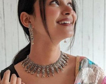 Indiaas-Duitse zilveren geoxideerde choker ketting set met oorbellen/verzilverde geoxideerde ketting sieraden set/Bollywood geïnspireerde choker set