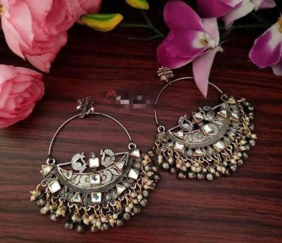Dual Tone Kundan Oxidised Hoop Silver Earrings, Pakistani Jhumka, Silver  Oxidised White Pearls Jhumki Earrings, Ethnic Hoop Earrings