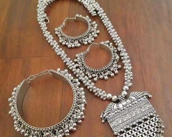 Afghani Oxidized Silver Choker Necklace Jewelry Set With Earrings Set/ Choker Necklace For Women India/ Bollywood Oxidized Indian Necklace