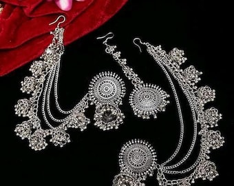 Boucle d'oreille jhumka en pierre oxydée de Chandbali avec teeka, longues boucles d'oreilles ethniques indiennes noires polonaises, boucle d'oreille indienne, cadeaux de Noël/cadeaux pour elle