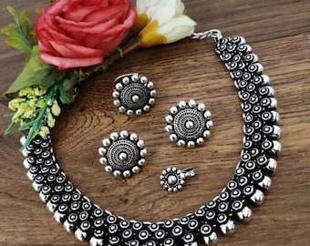 Tribal Bollywood Look Indian German Silver Choker Necklace With Stud Earrings Nosepin Ring Set, Indian Jewelry, Oxidised Jewelry Combo Set