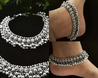 Indian Oxidized Silver Plated Matte Finish Ghungroo Anklets Pairs / Waliya Oxidized Ghungroo Anklets/Oxidized Beaded Anklets