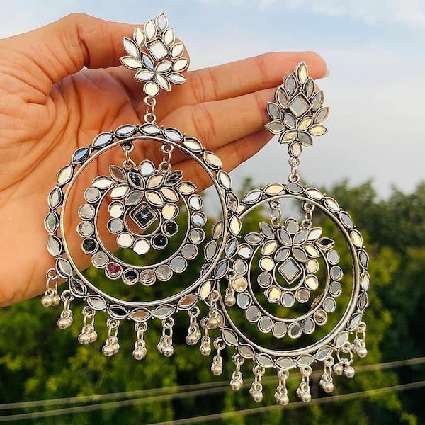 Petites boucles d'oreilles tribaux miroir fantaisie afghanes en argent oxydé pour fille et femme | Boucles d'oreilles superposées de style tribal afghan/cadeaux de Noël