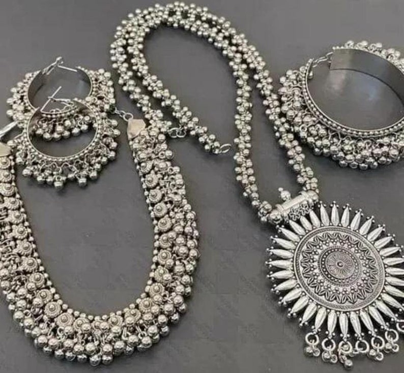Indian Oxidized Choker Necklace Jewelry Combo 2 Necklace Set/ Indian Oxidised Necklace Set/ Bollywood Oxidized Necklace Set With Earrings image 2