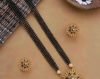 Indian Long Black Beaded Gold Plated Mangalsutra For Women, Fahion Indian Jewelry, Designer Black Pearls Long Necklace Chain, Gold Chain