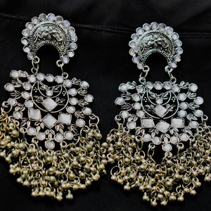 May include: A pair of silver dangle earrings with white stones and a beaded fringe.