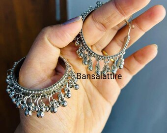 Latest Indian Traditional Silver Oxidized Hoop Jewelry Earrings/  Bollywood Handmade Oxidized Jewelry Earrings/ Baliyaan/ Oxidised Jhumka