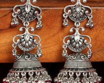 Bell Style Oxidized Earrings, Big Jhumka Earrings, Ethnic Earrings, Oxidized Silver Plated Earrings, Partywear Earrings, Handmade Earring
