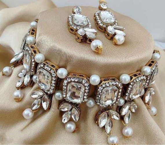 Oxidized Stone Choker Necklace Jewelry Set With Earrings Indian