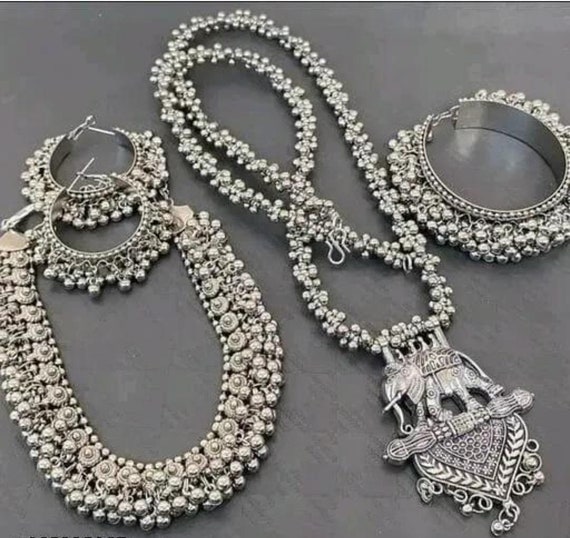Indian Oxidized Choker Necklace Jewelry Combo 2 Necklace Set/ Indian Oxidised Necklace Set/ Bollywood Oxidized Necklace Set With Earrings