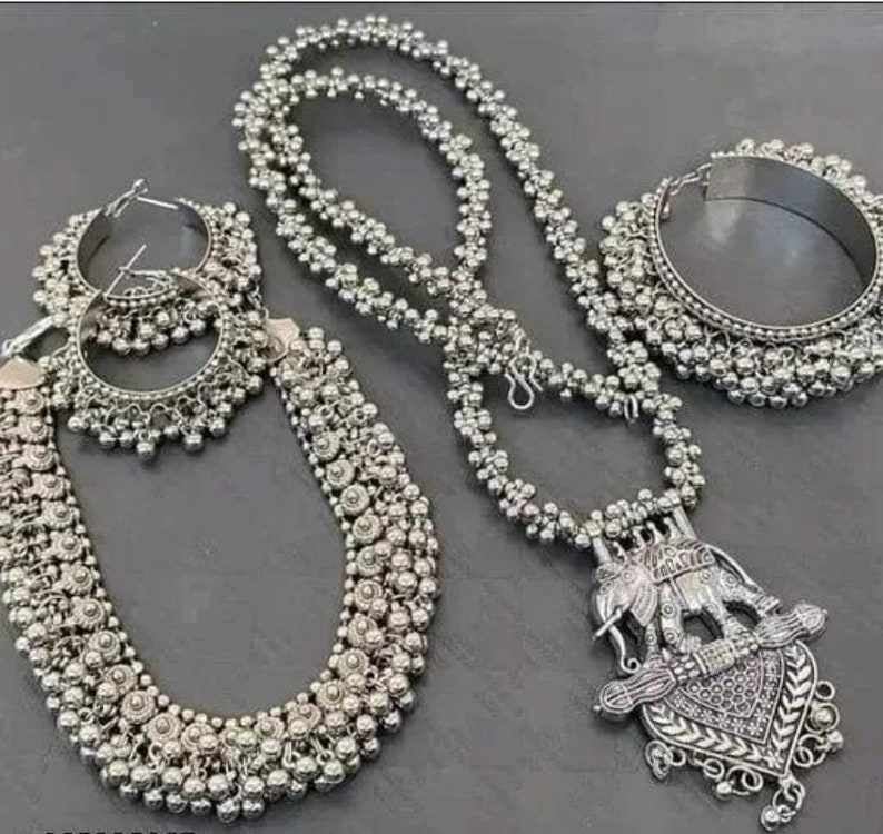 Indian Oxidized Choker Necklace Jewelry Combo 2 Necklace Set/ Indian Oxidised Necklace Set/ Bollywood Oxidized Necklace Set With Earrings image 1