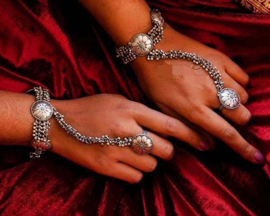Navratri Ethnic Silver Oxidised Afghani Boho Shell Ghungroo Adjustable Cuff Kada Bracelet For Women