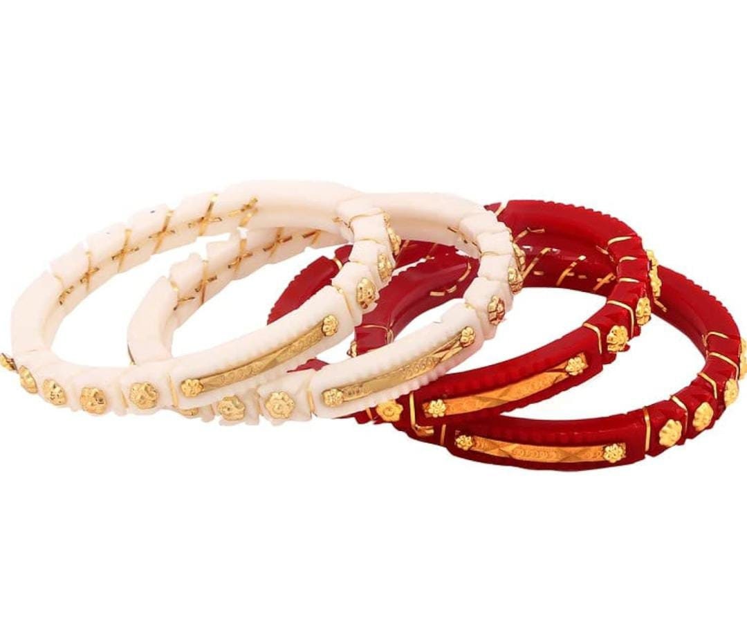 Bengali Traditional Gold Binding Shakha Pola Red White Bangle Set, Red