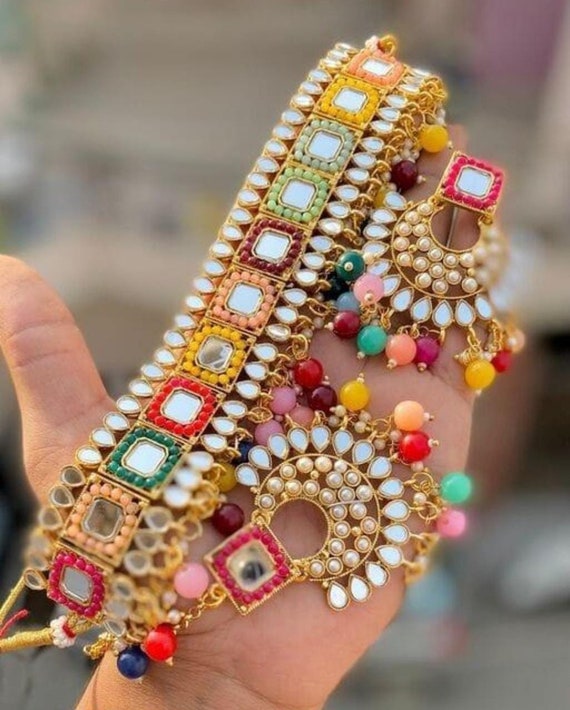 Rajasthani Mirror Work Colorful Oxidized Choker Necklace Set With Earrings Indian Choker Necklace Set Punjabi Choker Necklace Set