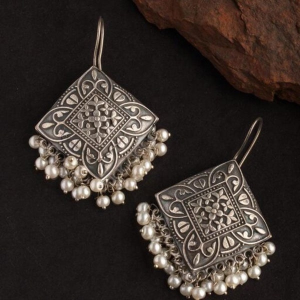 Silver Jhumkas Earrings/ Oxidised Indian Jewelry/ Afghani Jewelry/ Indian Earrings/ Oxidised Earrings/ Tribal Earrings/ Boho Ethnic Earrings