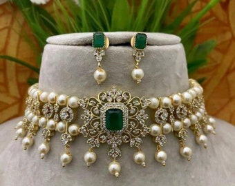 Gold Ton Smaragd Rosa Kundan Choker Halskette Set mit Ohrringen / Indische Schmuck Set / American Diamond CZ Schmuck Set / Kundan Perlen Set