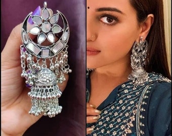 Große traditionelle Jhumka, indische & pakistanische Jhumka, Party und Casuak Kleidung, handgefertigte Silber Jhumka Jhumki, oxidierte Ohrringe, Spiegelohrring