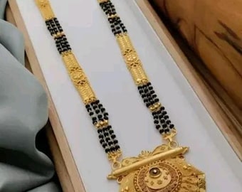 Beautiful Long Black Beaded Gold Plated Mangalsutra For Women, Fahion Indian Jewelry, Designer Black Pearls Long Necklace Chain, Gold Chain