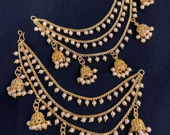 Cadena para pendientes chapada en cobre y oro, pendientes de templo del sur de la India, aretes dorados Sahara, Chandbaliya dorados, soporte para pendientes, cadena para pendientes