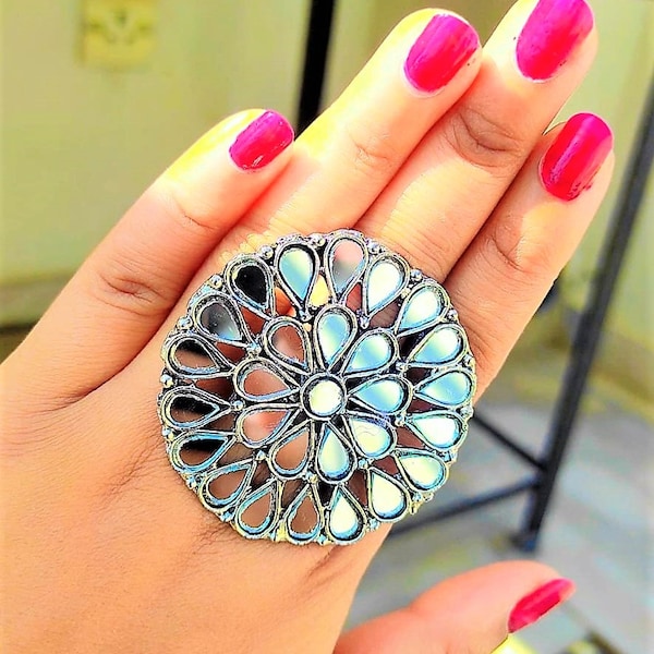 Silver Plated Mirror Work Heavy Oxidized Rings For Women Or Girls indian Bollywood Style Rings For Any Occasion /Adjustable Silver Rings