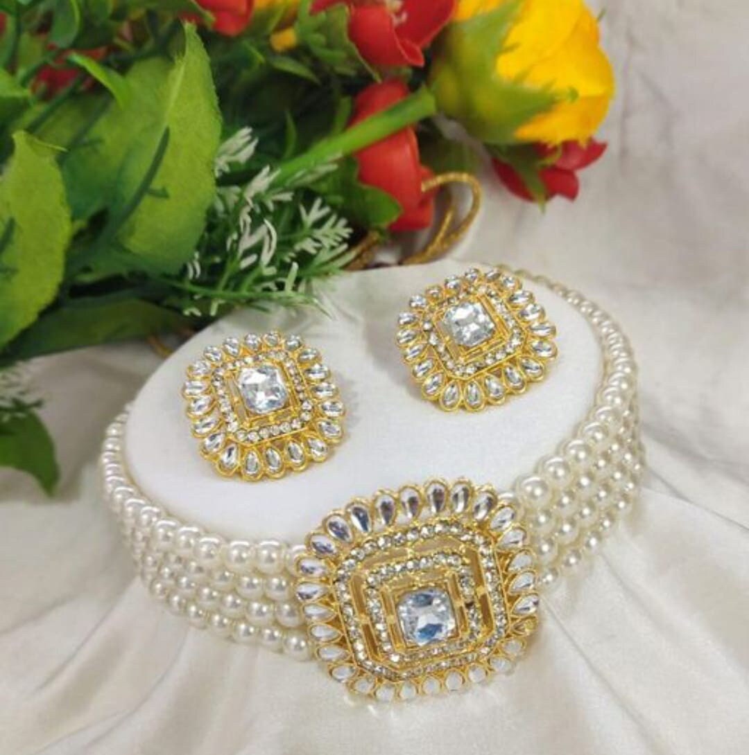 Bridal Jewelry Set Victorian Pearl Choker Necklace Earrings Indian Bridal Jewelry Set Kundan Jewelry Ivory Pearl Choker Afghani Choker Etsy