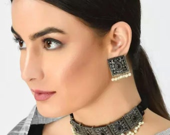 German Silver Black Oxidized Indian Choker Necklace Jewelry Set With Earrings Set For Women/ Bollywood Oxidised Necklace Set/ Jewelry Set