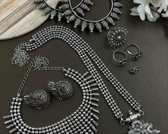 Indian Oxidized German Silver Jewelry Combo 2 Necklace Set/ Indian Oxidised Necklace Set/ Bollywood Oxidized Necklace Set With Bangles Combo