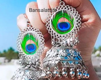 Indian Traditional German Silver Peacock Wings  Earrings/Oxidized Indian Earrings/Indian Jhumka/Indian Earrings