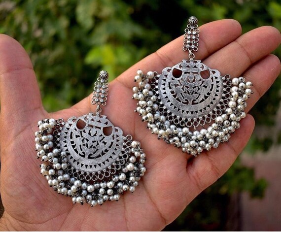 Handmade Silver Oxidized Long Earrings – Indian Bollywood Ethnic Jewelry