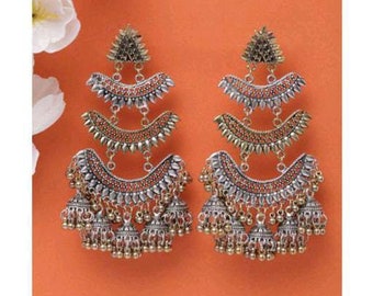 Naira Look Silver Multi Layer Designer Oxidised Dual Tone Long Traditional Chandbali Layered Earrings, Silver Earrings, Indian Jewelry Gifts