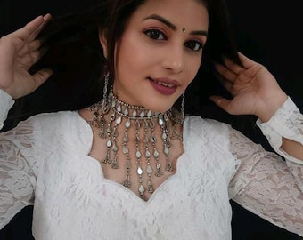 Mirror oxidized Indian Necklace Jewelry Set With Earrings/Afghani Antique Look Necklace Set With Earrings/Bollywood Oxidized Choker Set