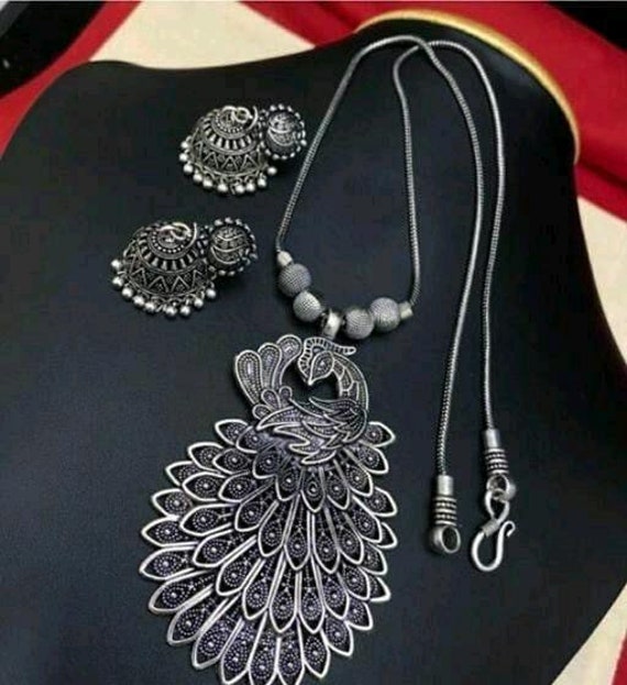 Peacock Long Chain Look German Silver Necklace Set With Earrings