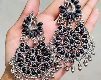 Schwarzes Glas Chandbaliya, indische & pakistanische Jhumka, Party- und Freizeitkleidung, handgefertigte Silber Jhumka Jhumki, oxidierte Ohrringe, Spiegelohrring
