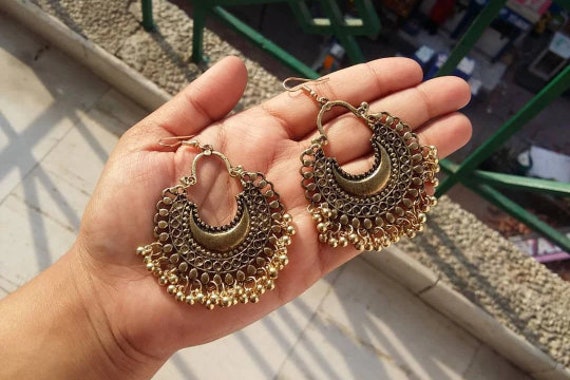 Touchstone Orecchini Pendenti Indiani Tribali - Chaand Baali Lunghi 2.5 Pollici, Bianco, Gioielli Etnici Donna