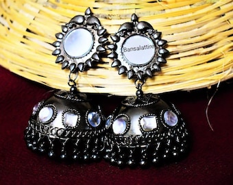 Spiegel Jhumka Ohrringe, Afghani Spiegel oxidierte Ohrringe für Frauen und Mädchen, afghanischer Tribel-Stil, Jhumka Bali, Jhumka, Layerd Ohrringe