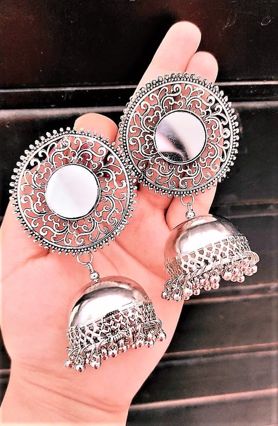 Big Traditional Jhumka Indian Pakistani Jhumka Party and Casuak Wear Handmade Silver Jhumka Jhumki Oxidized Earrings Mirror Earring Etsy