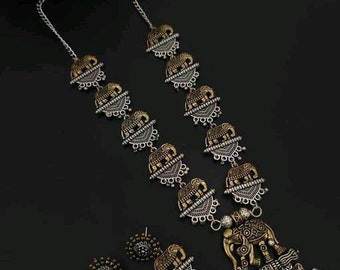 Tweekleurige Indiaas-Duitse zilver geoxideerde choker ketting set met oorbellen/verzilverde choker ketting/Bollywood geïnspireerde choker set