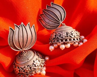 Bollywood Oxidized Earrings,Lotus Jhumka Earrings, Ethnic Earrings,Oxidized Silver Plated Earrings, Partywear Earrings, Handmade Big Earring