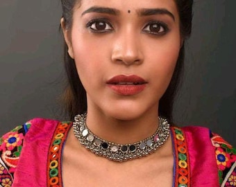 Spiegel verzilverd handgemaakte geoxideerde choker ketting set /Vintage sieraden / Bollywood sieraden / India sieraden / Celebrity ketting set