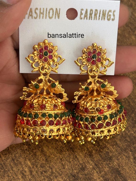 Temple Golden Bahubali Jhumka Indian Jewelry/ Indian Earrings/ Pakistani  Jewelry/ Bollywood Jewelry/ Sahare/ Bahubali Earrings/ Ear Chain