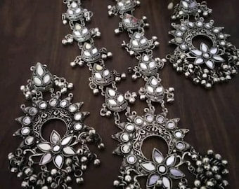Spiegel geoxideerd verzilverd handgemaakte choker set / zilveren feestketting / sieraden / Indiase traditionele sieraden / Bollywood-sieraden