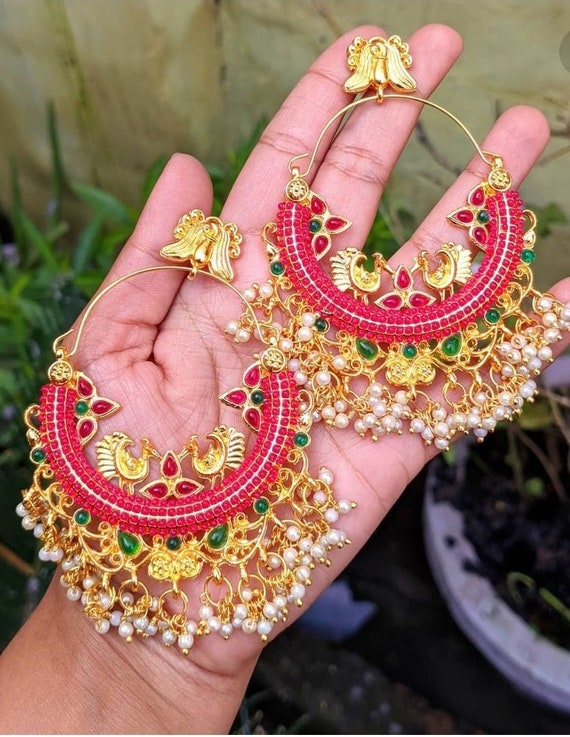 Designer party wear chandbali earrings with stylish jhumki wedding earrings  latest design Yellow color Meena chandbali