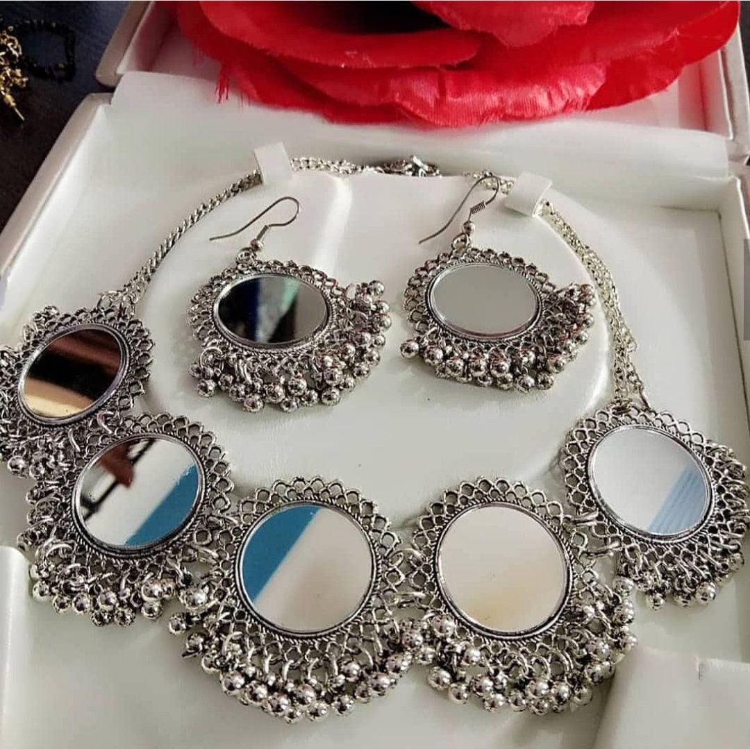 Indian Antique Afghani Silver Oxidized Ethnic Boho Choker Necklace & Earrings Set