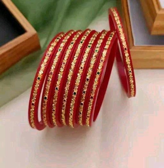 Indian Traditional Gold Binding Shakha Pola Red White Bangle Set, Red  Gold Bangle, Acrylic Bangles, Bangoli Plastic Bangles, White Bangles