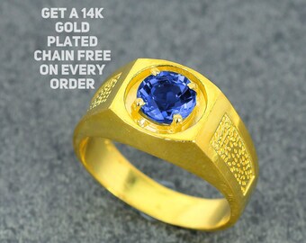 Antique 7mm Blue Sapphire Gemstone Ring, 925 Silver Vintage Friendship Ring, Sapphire Men's Anniversary Ring, Modern Design 14k Plated Ring