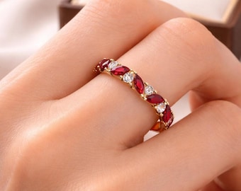 Unique Design Ruby Moissanite Eternity Band For Women-Stackable Ruby Moissanite 925 Silver Anniversary Band Wife-Marquise Cut Ruby Ring Her