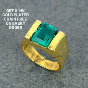 8ct Vintage Lab Green Emerald Gemstone Ring, New Design Signet Man Emerald 925 Silver Ring, Emerald Gold Plated Promise Band,Father Day Gift